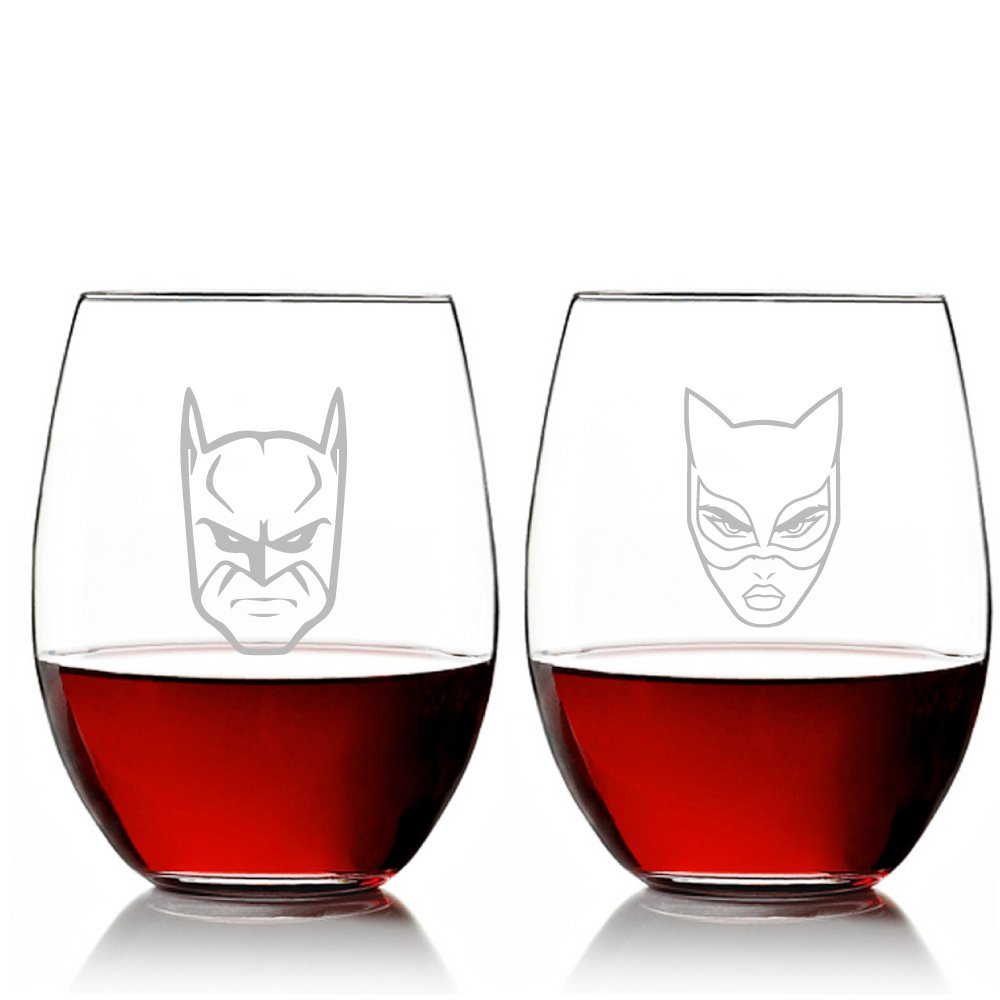 Abby Smith - Bat Man and Cat Woman Stemless 15 oz Wine Glass Set