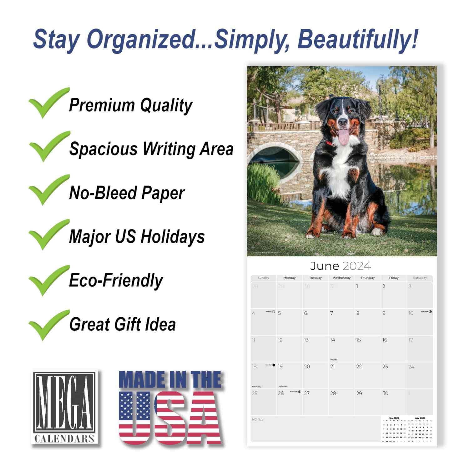 2023 2024 Bernese Mountain Dog Calendar - Dog Breed Monthly Wall Calendar - 12 x 24 Open - Thick No-Bleed Paper - Giftable - Academic Teacher's Planner Calendar Organizing & Planning - Made in USA