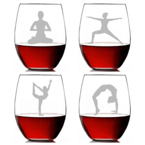 yoga poses engraved 15-ounce stemless wine glass - set of 4