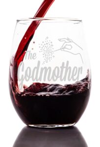 the godmother etched stemless wine glass - premium quality, handcrafted glassware, 15 oz., collectible gift item for godparents, birthdays, & special occasions