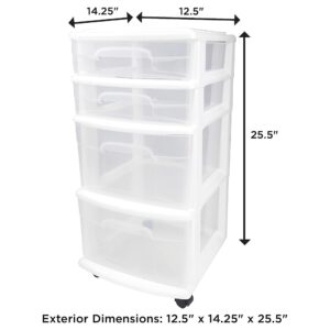 Homz Clear Plastic 4 Drawer Medium Home Organization Storage Container Tower w/2 Large and 2 Small Drawers, and Removeable Caster Wheels, White Frame