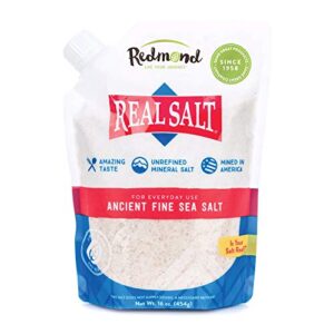 redmond real salt - ancient fine sea salt, unrefined mineral salt, 16 ounce pouch (1 pack)