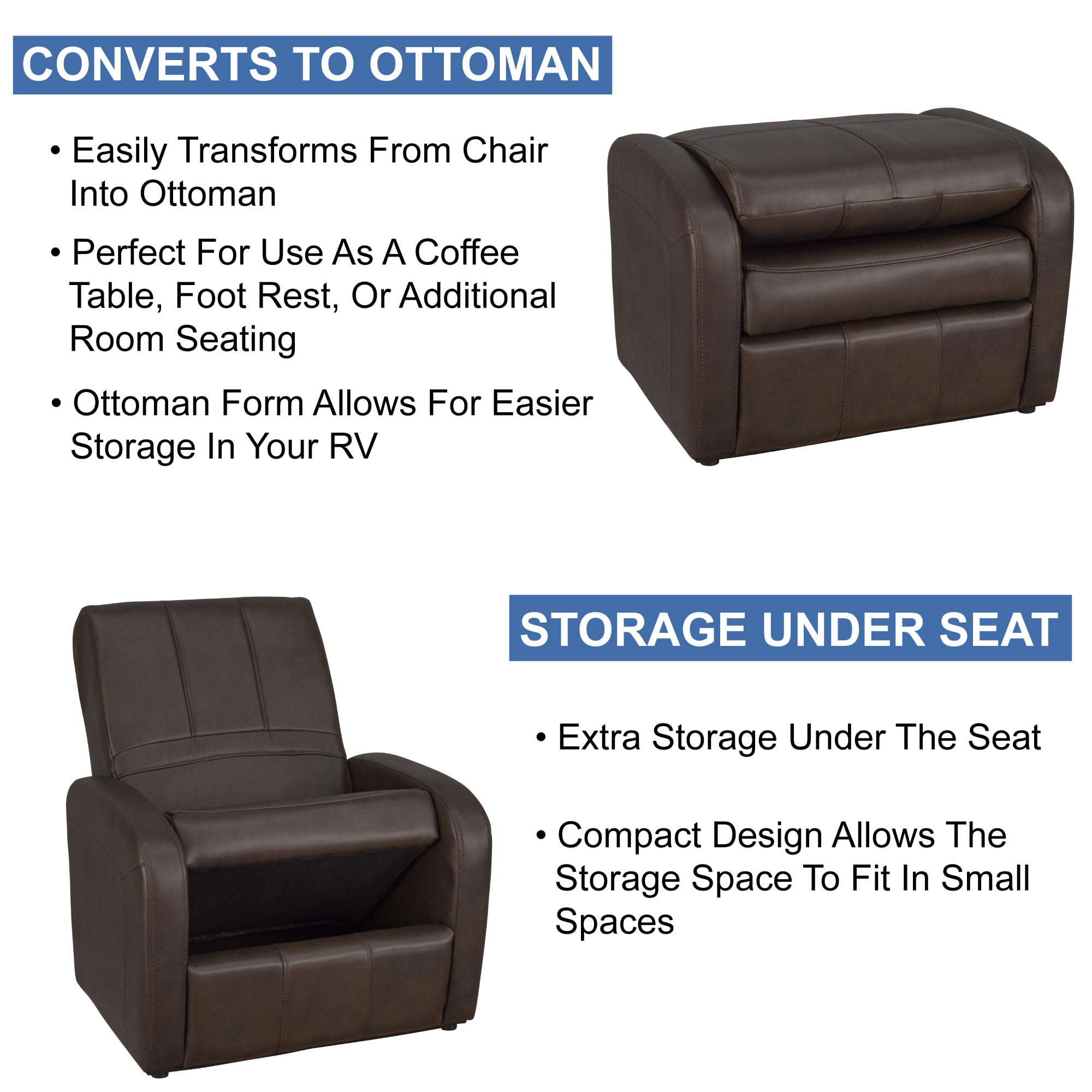 RecPro Charles RV Gaming Chair Ottoman Conversion | Built-in Storage | RV Furniture | Great for Teens | Chestnut