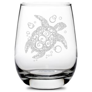 integrity bottles tribal sea turtle design stemless wine glass, handmade, handblown, hand etched gifts, sand carved, 16oz