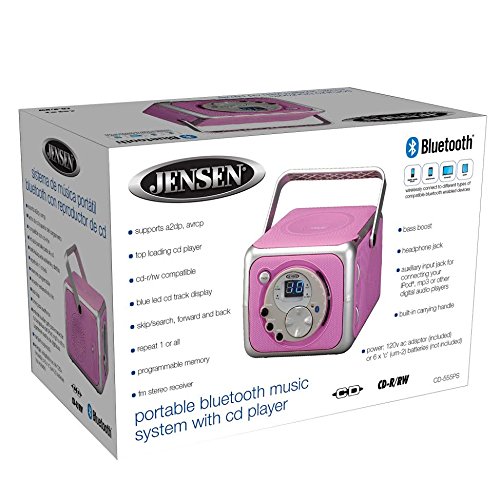 Jensen CD-555 Pink CD Bluetooth Boombox Portable Bluetooth Music System with CD Player +CD-R/RW & FM Radio with Aux-in & Headphone Jack Line-in Limited Edition (Pink)