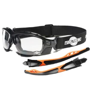 toolfreak spoggles - clear lens with hard case - safety glasses & protective goggles - polycarbonate lens, ansi z87 rated - foam padded, removable legs, headstrap, hard case & cloth