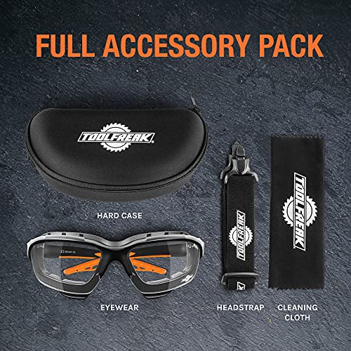ToolFreak Spoggles - Clear Lens With Hard Case - Safety Glasses & Protective Goggles - Polycarbonate Lens, ANSI Z87 Rated - Foam Padded, Removable Legs, Headstrap, Hard Case & Cloth