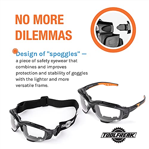 ToolFreak Spoggles - Clear Lens With Hard Case - Safety Glasses & Protective Goggles - Polycarbonate Lens, ANSI Z87 Rated - Foam Padded, Removable Legs, Headstrap, Hard Case & Cloth