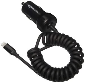amazon basics 12w (5v, 2.4a) car charger with lightning cable (straight) for iphone and apple devices, 3 ft, black/red