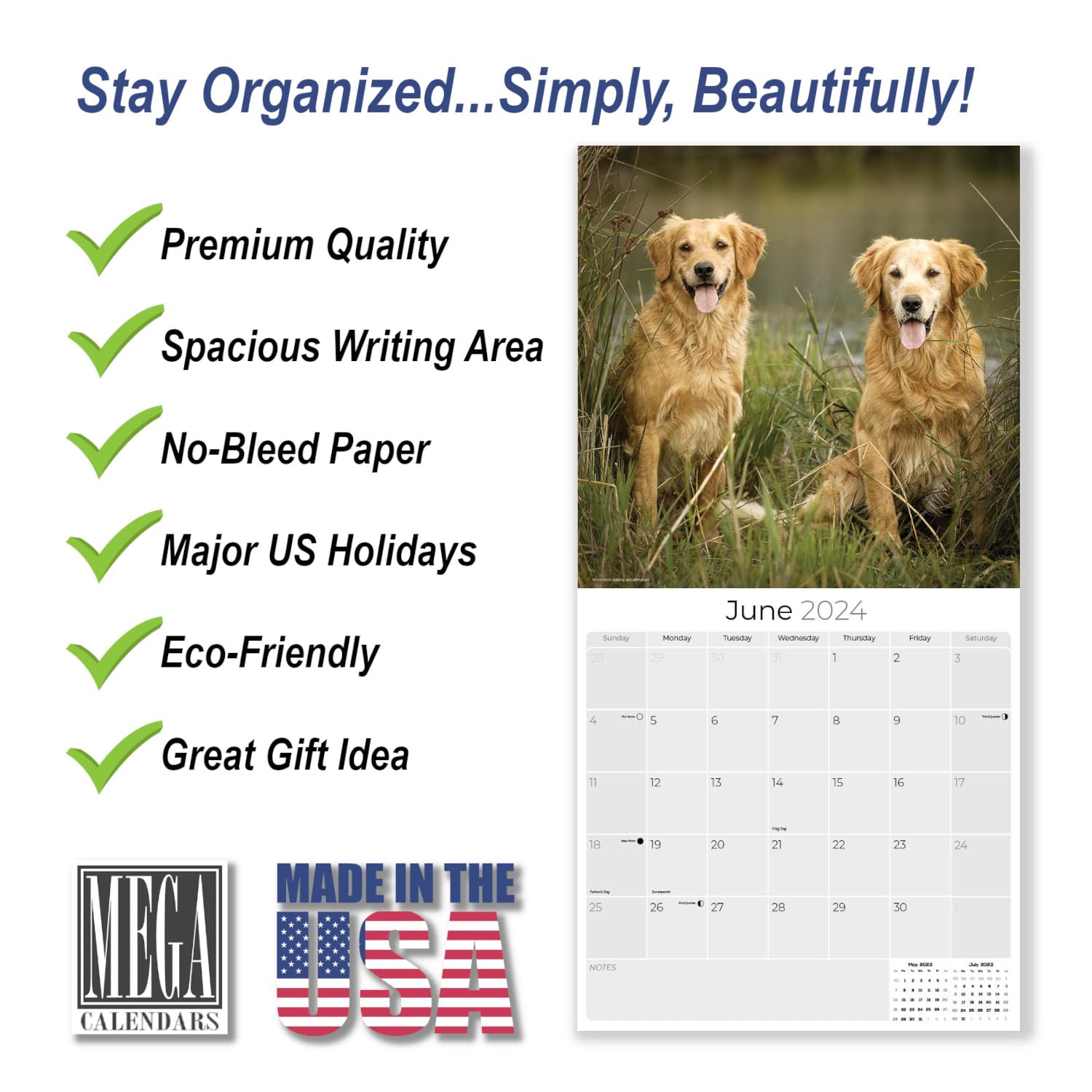 2023 2024 Golden Retriever Calendar - 16 Month FULL SIZE - 12 x 24 Open - Made in USA - Dog Breed Monthly Wall Calendar - Thick No-Bleed Paper - Giftable - Academic Teacher's Planner Calendar