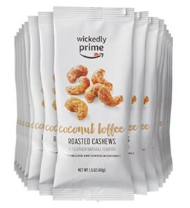 amazon brand - wickedly prime roasted cashews, coconut toffee, snack pack, 1.5 ounce (pack of 15) package may vary