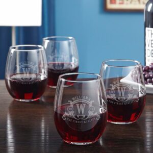 homewetbar westbrook monogram etched stemless wine glasses, set of 4 (personalized product)