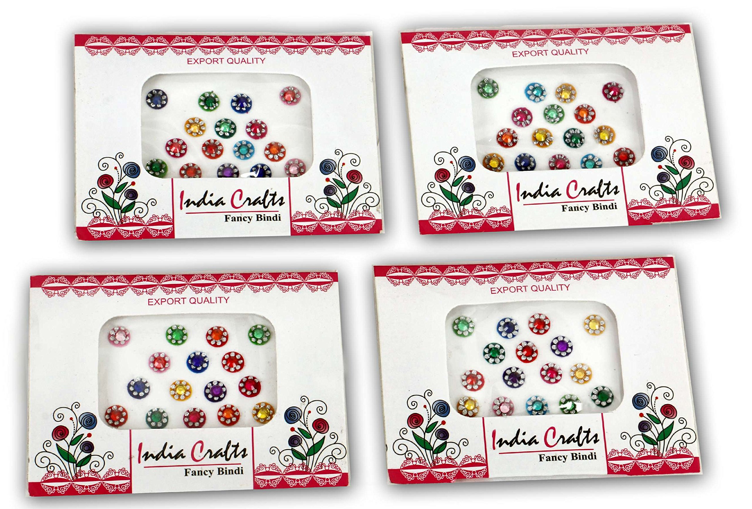 India Crafts ™ 4 Packs - 64 Colorful Crystal Bindi Velvette round face jewels Tika (Round Crystal)