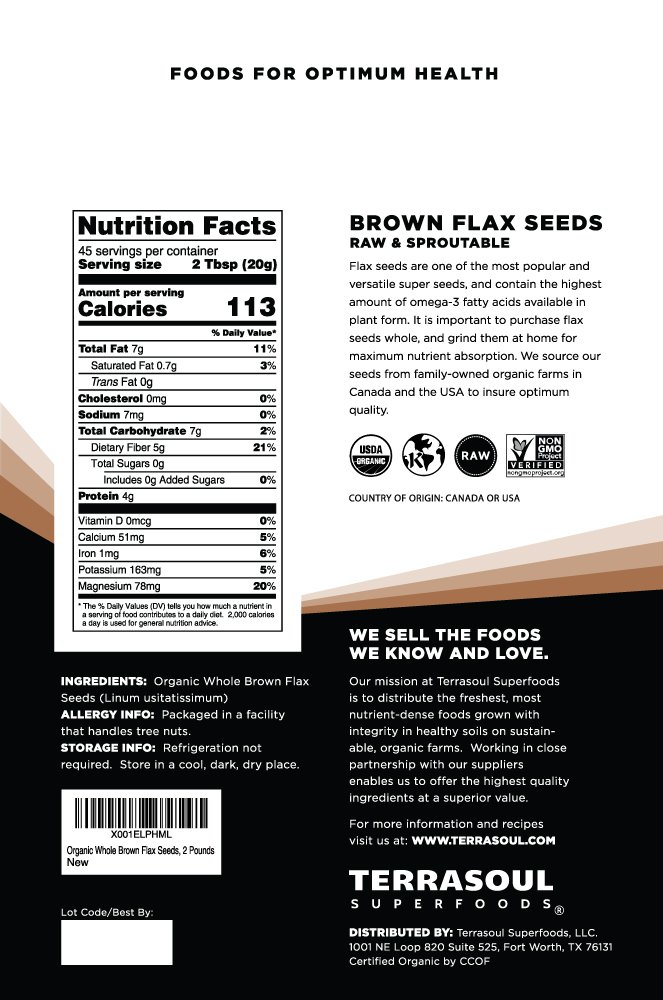 Terrasoul Superfoods Organic Brown Flax Seeds, 2 Pound