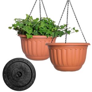 yikush hanging planter for indoor and outdoor plants 2 pack 12inch flower pot plastic plant pot with drainage hole and absorbing tray（terracotta,with 3 hooks）