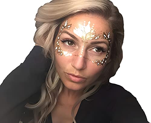 Gold Temporary Tattoos by Golden Ratio Tats, Metallic Festival Face Paint, Gold and White Masquerade Tattoos (Wifey Face Mask)