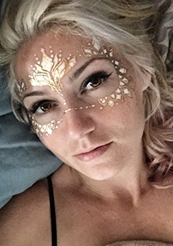 Gold Temporary Tattoos by Golden Ratio Tats, Metallic Festival Face Paint, Gold and White Masquerade Tattoos (Wifey Face Mask)