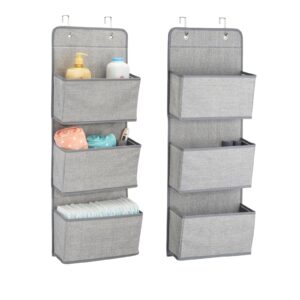 mdesign fabric baby nursery hanging organizers for over the door storage for kids - 3 pocket organizer caddy, hooks for clothing, school, diaper, toy, outfits, lido collection, textured, 2 pack - gray