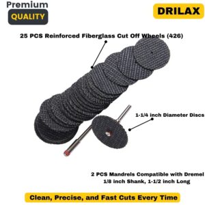 Fiberglass Reinforced Cut-off Wheels Discs Kit 1 1/4 inch Diameter 25 Pieces + 2 Mandrel For Dremel Rotary Tool 426 426b Compatible