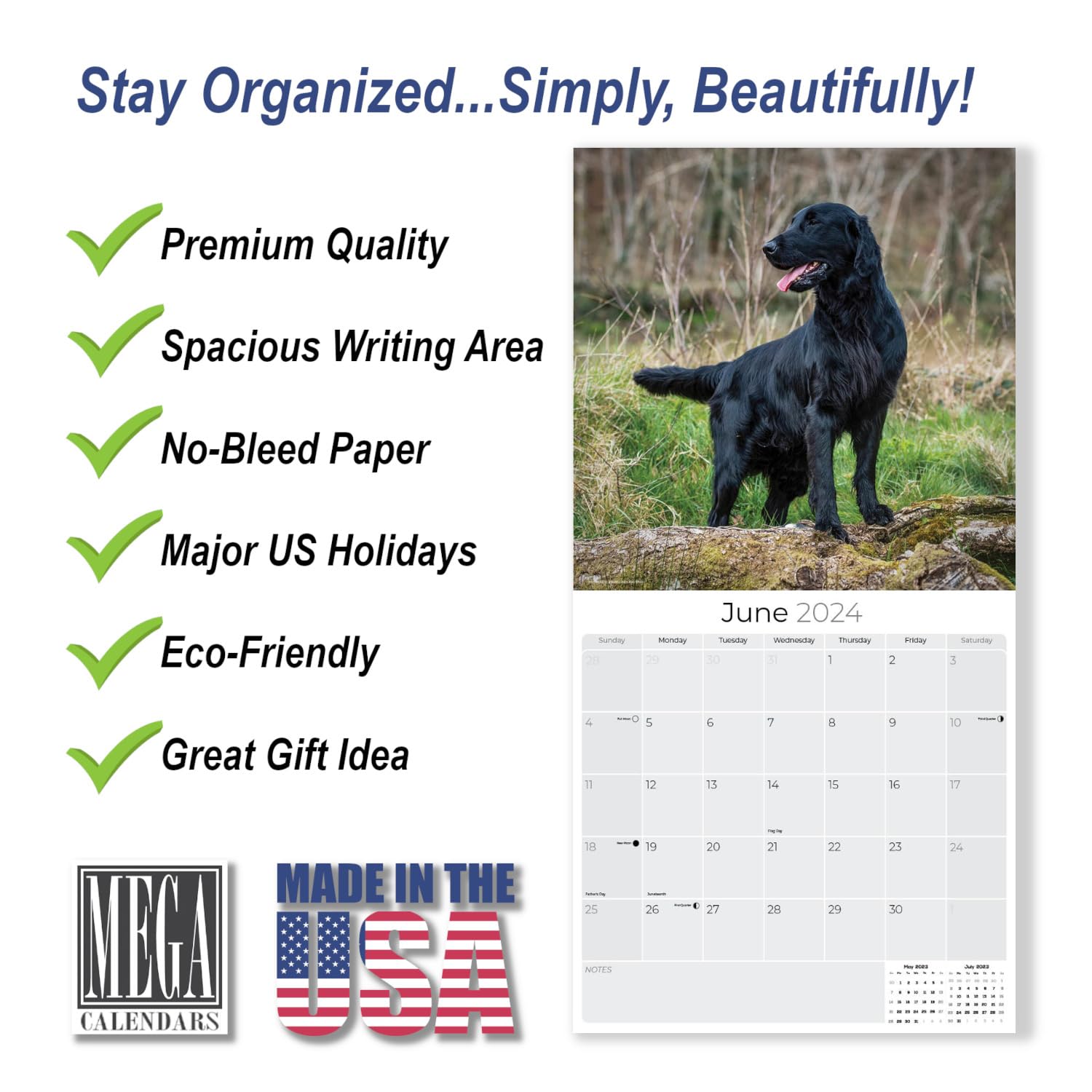 2023 2024 Flat-Coated Retriever Calendar - Dog Breed Monthly Wall Calendar - 12 x 24 Open - Thick No-Bleed Paper - Giftable - Academic Teacher's Planner Calendar Organizing & Planning - Made in USA