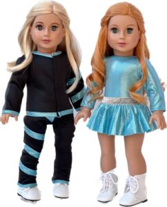 - super skater - clothes fits 18 inch doll - 2 complete outfits - 5 pieces - 18 inch doll ice skating outfits - leotard, skirt, pants, jacket and 1 pair of skates (doll not included)