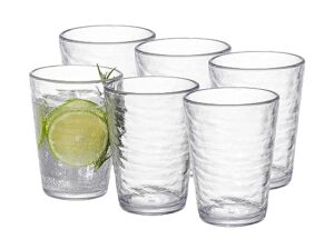 klifa- ripple- 16 ounce, set of 6, acrylic tumbler drinking glasses cups, bpa-free, stackable plastic drinkware, dishwasher safe, clear