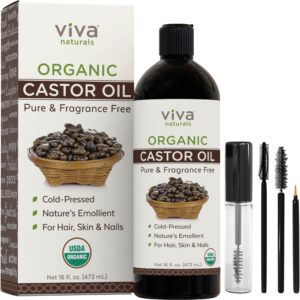 viva naturals organic castor oil, 16 fl oz - cold pressed castor oil for skin, hair and lashes - traditionally used to support hair growth - certified organic & non-gmo - includes beauty kit
