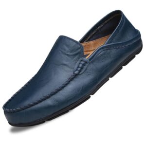 go tour men's premium genuine leather casual slip on loafers breathable driving shoes fashion slipper blue 10.5/46