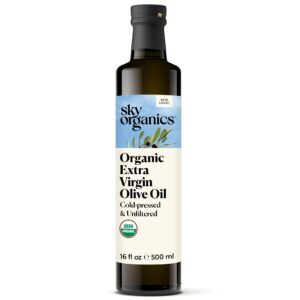 sky organics organic extra virgin olive oil for cooking, 100% pure & cold pressed usda certified and unfiltered, bright, fresh autentic flavor, sourced from small organic farmers in greece, 16.9 fl oz