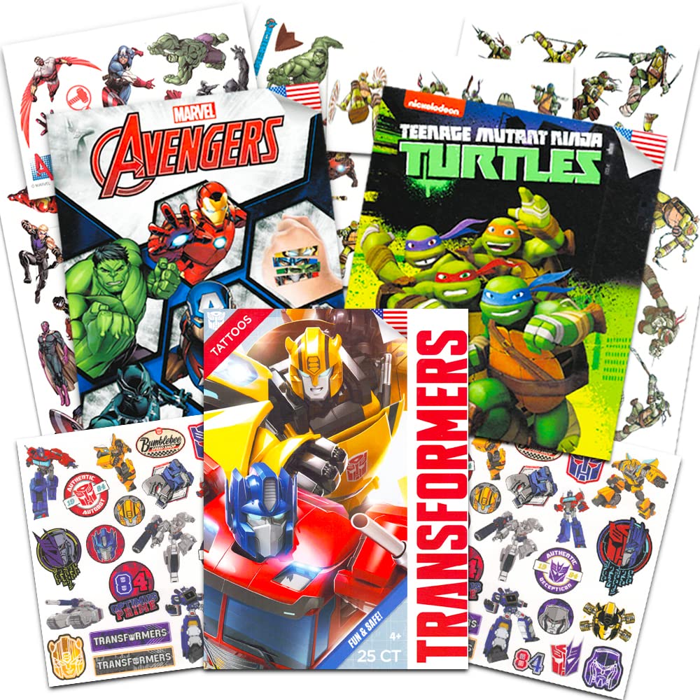 Superhero Temporary Tattoos for Boys Kids Party Bundle -- 125 Licensed Tattoos with Stickers Featuring Transformers, Marvel Avengers and Teenage Mutant Ninja Turtles (Party Supplies)