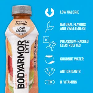 BODYARMOR LYTE Sports Drink Low-Calorie Sports Beverage, Peach Mango, Coconut Water Hydration, Natural Flavors With Vitamins, Potassium-Packed Electrolytes, Perfect For Athletes, 16 Fl Oz (Pack of 12)