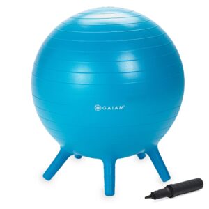 gaiam kids stay-n-play children's balance ball - flexible school chair active classroom desk alternative seating | built-in stay-put soft stability legs, includes air pump, 52cm, blue