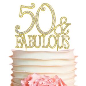 50 cake topper - premium gold metal - 50 and fabulous - 50th birthday party sparkly rhinestone decoration makes a great centerpiece - now protected in a box