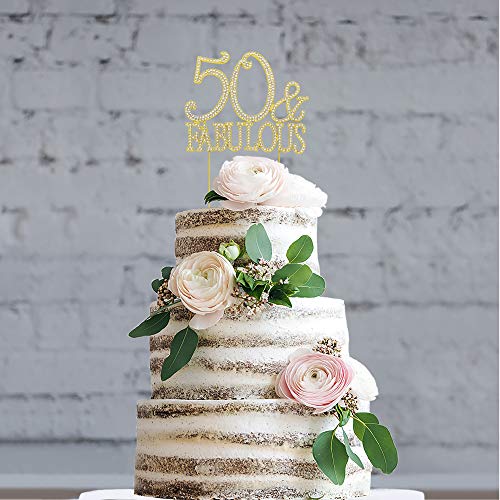 50 Cake Topper - Premium Gold Metal - 50 and Fabulous - 50th Birthday Party Sparkly Rhinestone Decoration Makes a Great Centerpiece - Now Protected in a Box