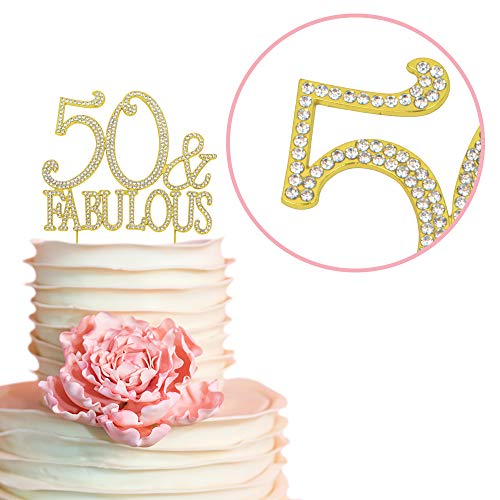 50 Cake Topper - Premium Gold Metal - 50 and Fabulous - 50th Birthday Party Sparkly Rhinestone Decoration Makes a Great Centerpiece - Now Protected in a Box