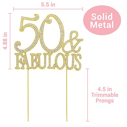 50 Cake Topper - Premium Gold Metal - 50 and Fabulous - 50th Birthday Party Sparkly Rhinestone Decoration Makes a Great Centerpiece - Now Protected in a Box