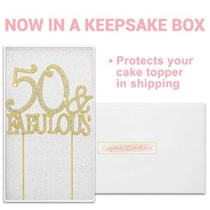 50 Cake Topper - Premium Gold Metal - 50 and Fabulous - 50th Birthday Party Sparkly Rhinestone Decoration Makes a Great Centerpiece - Now Protected in a Box