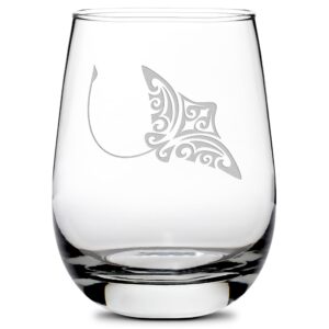 integrity bottles stemless wine glass, tribal stingray design, hand etched unique gifts, made in usa, sand carved, 16 oz