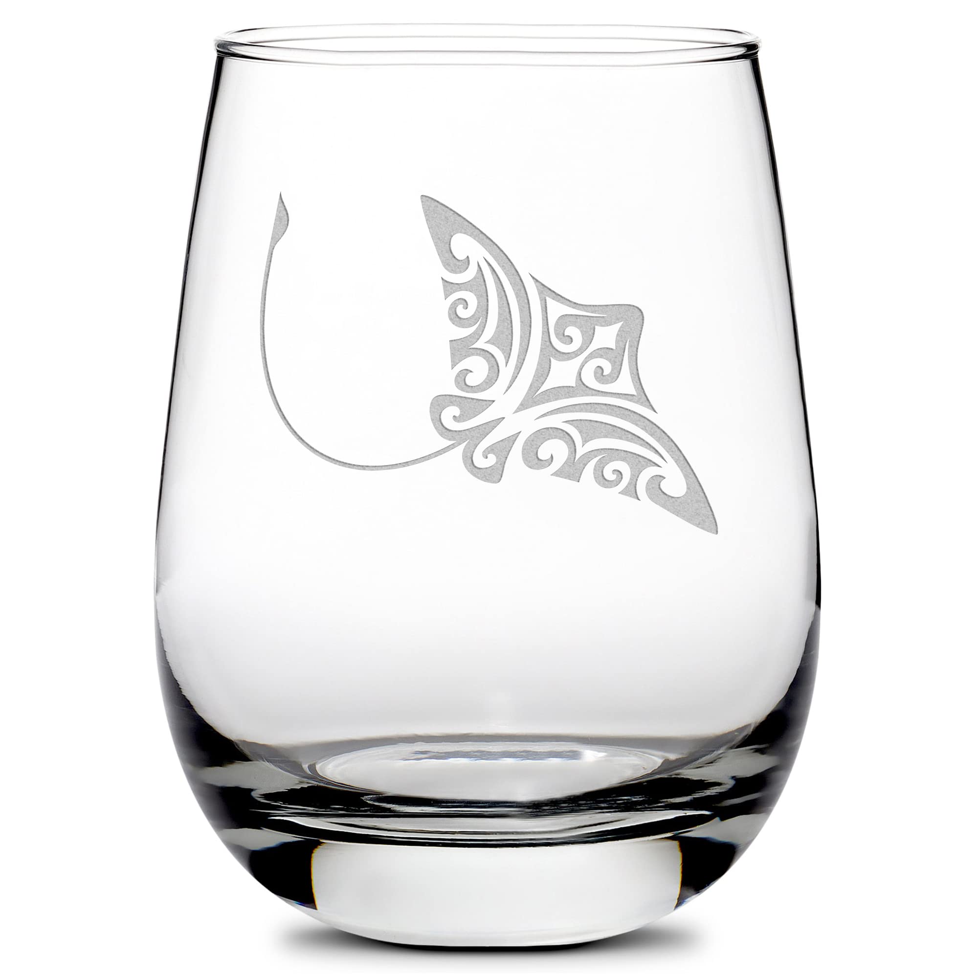 Integrity Bottles Stemless Wine Glass, Tribal Stingray Design, Hand Etched Unique Gifts, Made in USA, Sand Carved, 16 oz