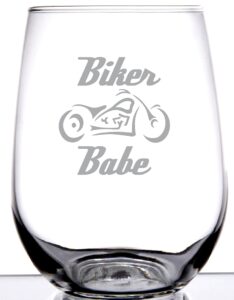 biker babe stemless wine glass | laser etch embedded design | motorcycle biker girl woman | 15 ounce