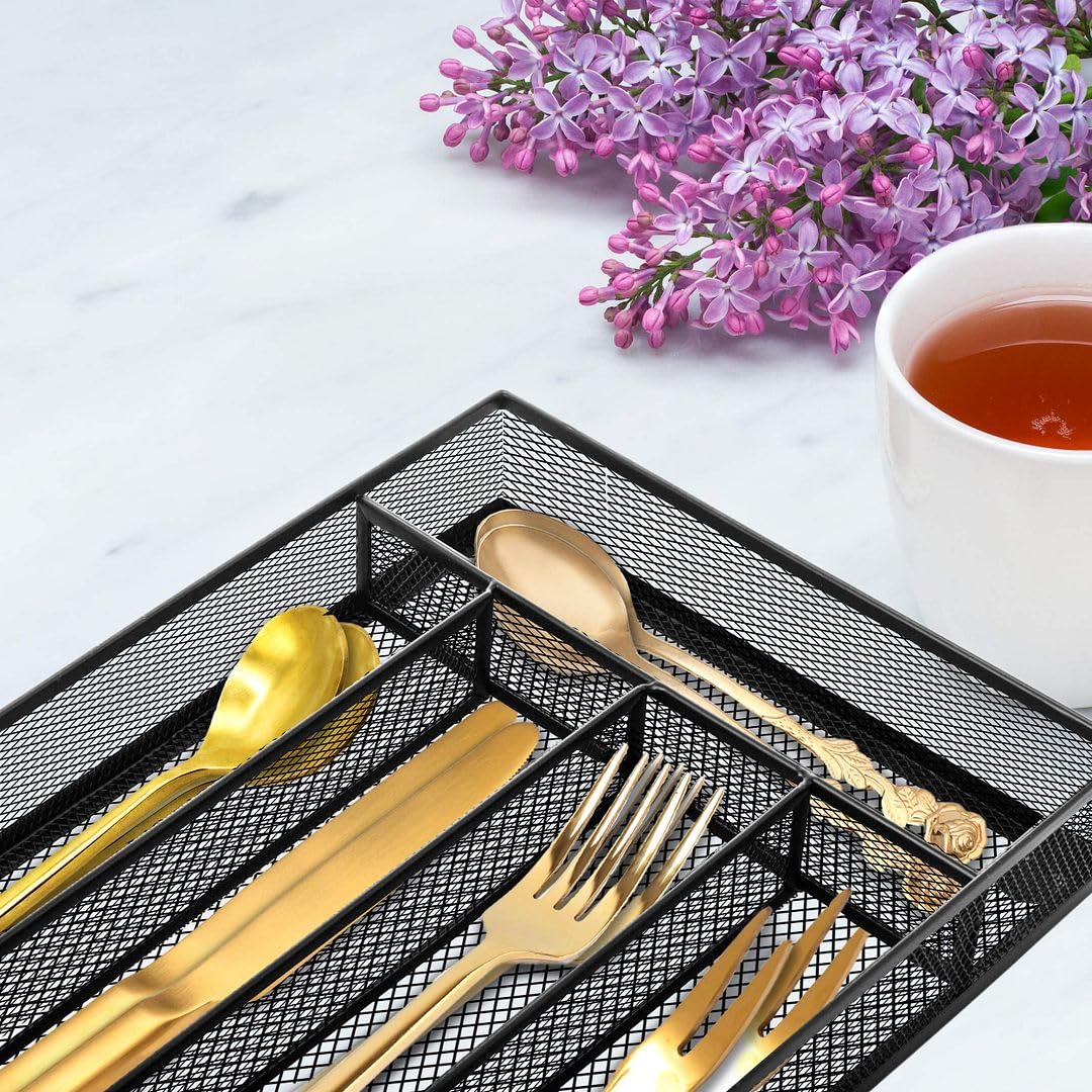 Halter Silverware Tray, Cutlery Tray, Flatware Tray Organizer, Steel Mesh Silverware Organizer, Kitchen Utensil Drawer Organizer with Non Slip Base, Cutlery Organizer in Drawer, Set of 2 (Small)