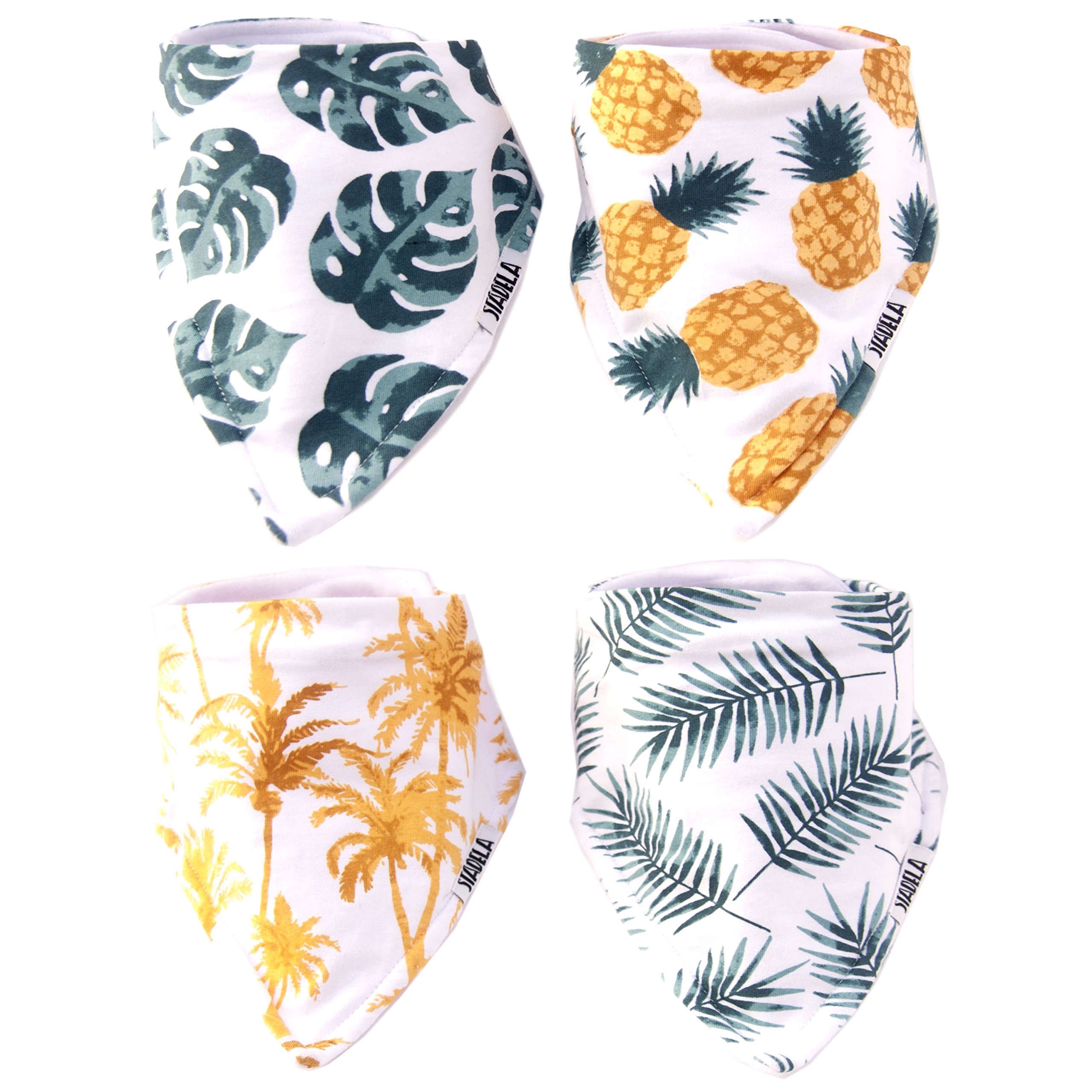 Stadela 100% Cotton Baby Bandana Drool Bibs for Drooling and Teething Nursery Burp Cloths 4 Pack Unisex Set for Girl and Boy – Palm Tropical Leaf Hawaii Surfing Pineapple Beach Summer