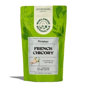 worldwide botanicals french chicory root - brew like coffee, blend roasted chicory root with coffee, prebiotic coffee alternative, acid free, caffeine free, kosher - 1 pound