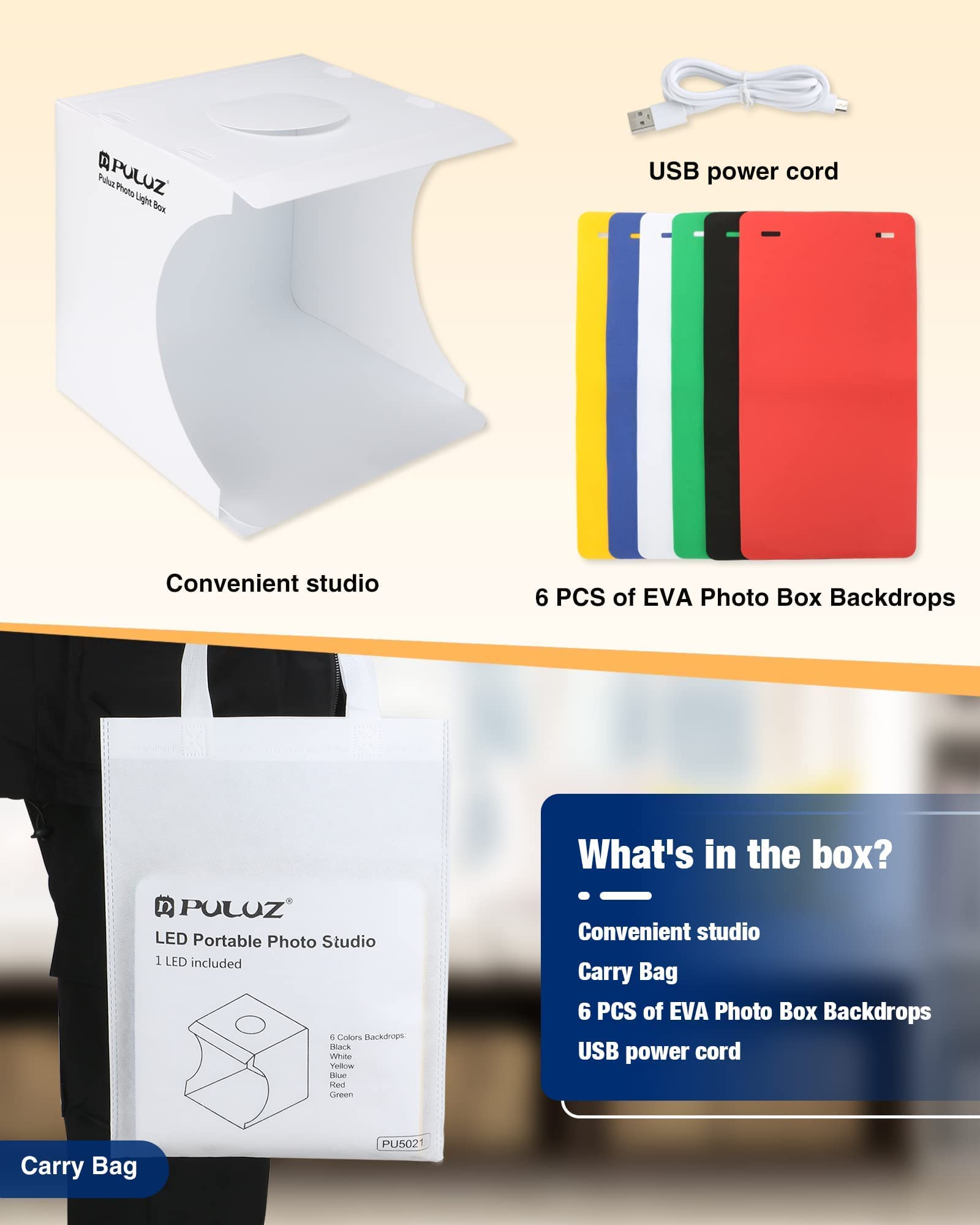 Mini Photo Studio Box, PULUZ 20cm Portable Photography Shooting Light Tent Kit, White Folding Lighting Softbox with 20 LED Lights + 6 Backdrops for Product Display