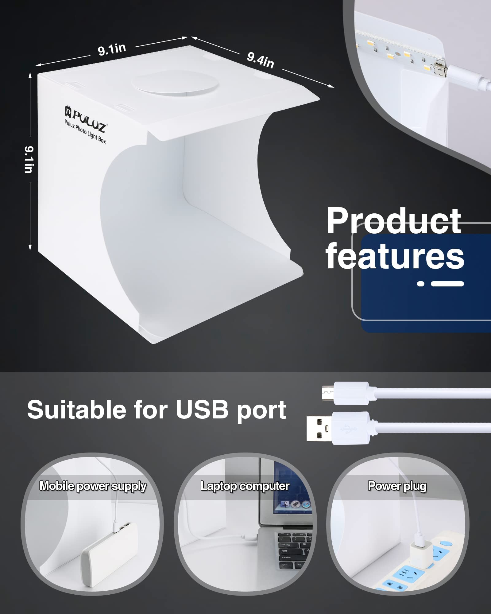 Mini Photo Studio Box, PULUZ 20cm Portable Photography Shooting Light Tent Kit, White Folding Lighting Softbox with 20 LED Lights + 6 Backdrops for Product Display