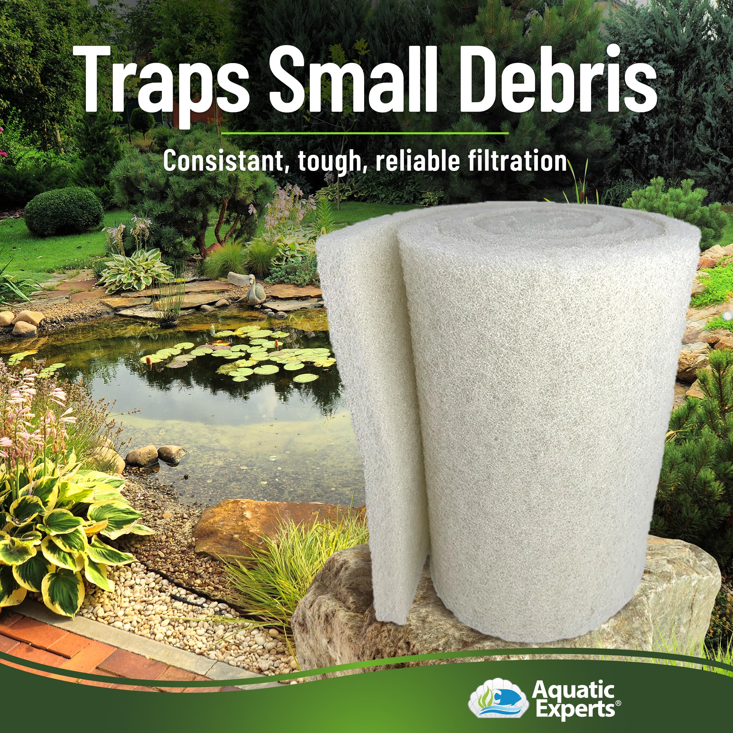 Classic Koi Pond Filter Pad FINE - White Bulk Roll Pond Filter Media, Ultra-Durable Pond Filters for Outdoor Ponds, Reusable Fish Pond Filter Material, USA, Aquatic Experts (3/4" - 1" x 12" x 72")