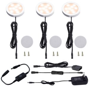 aiboo under cabinet led puck lighting kit black cord with touch dimmer switch for kitchen showcase cupboard closet lighting 3 lights 6w (warm white)