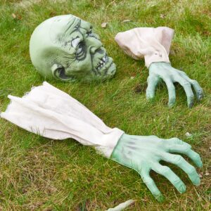 prextex halloween zombie face & arms lawn stakes groundbreaker decoration - the best outdoor graveyard decoration for halloween - zombie halloween decorations