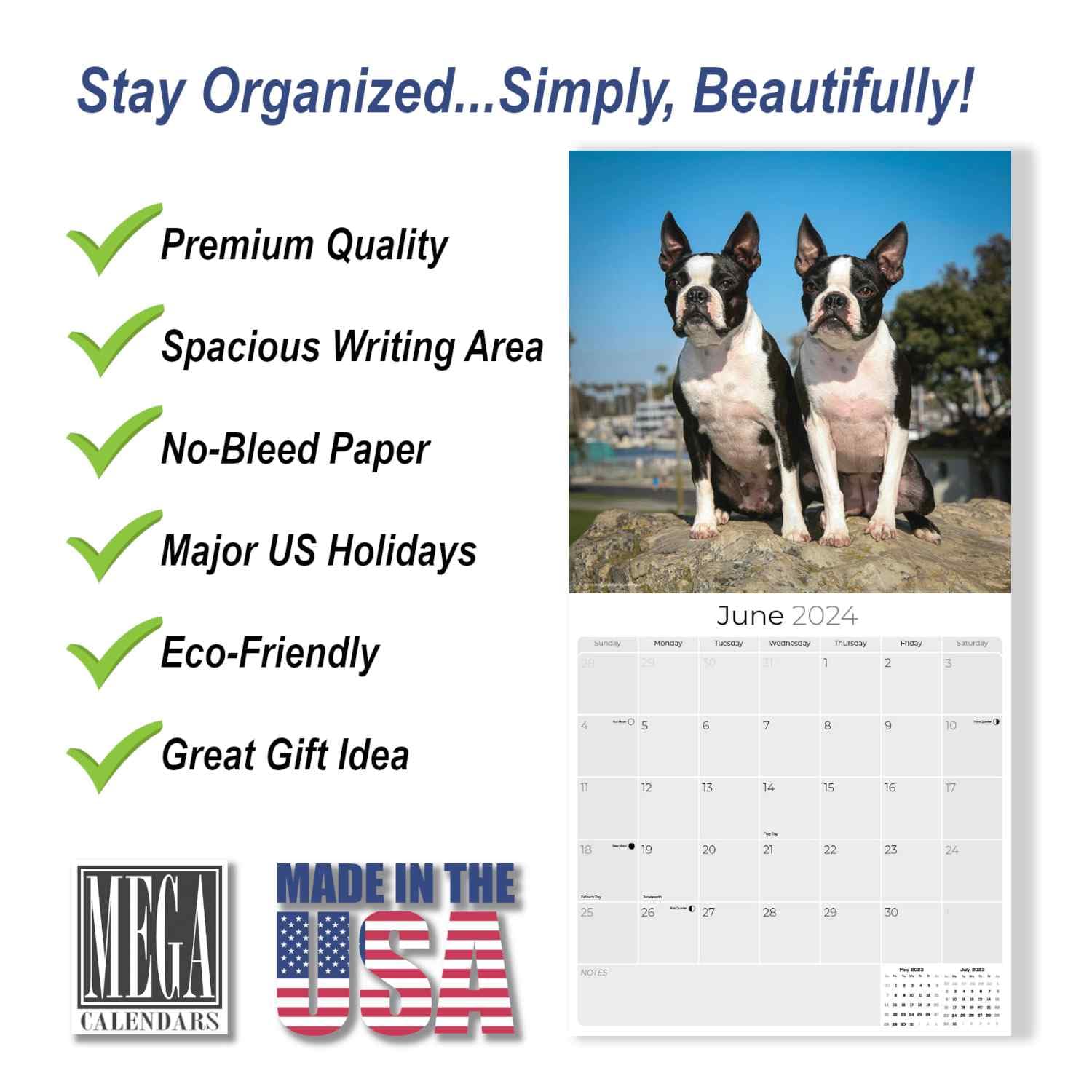 2023 2024 Boston Terrier Calendar - Dog Breed Monthly Wall Calendar - 12 x 24 Open - Thick No-Bleed Paper - Giftable - Academic Teacher's Planner Calendar Organizing & Planning - Made in USA