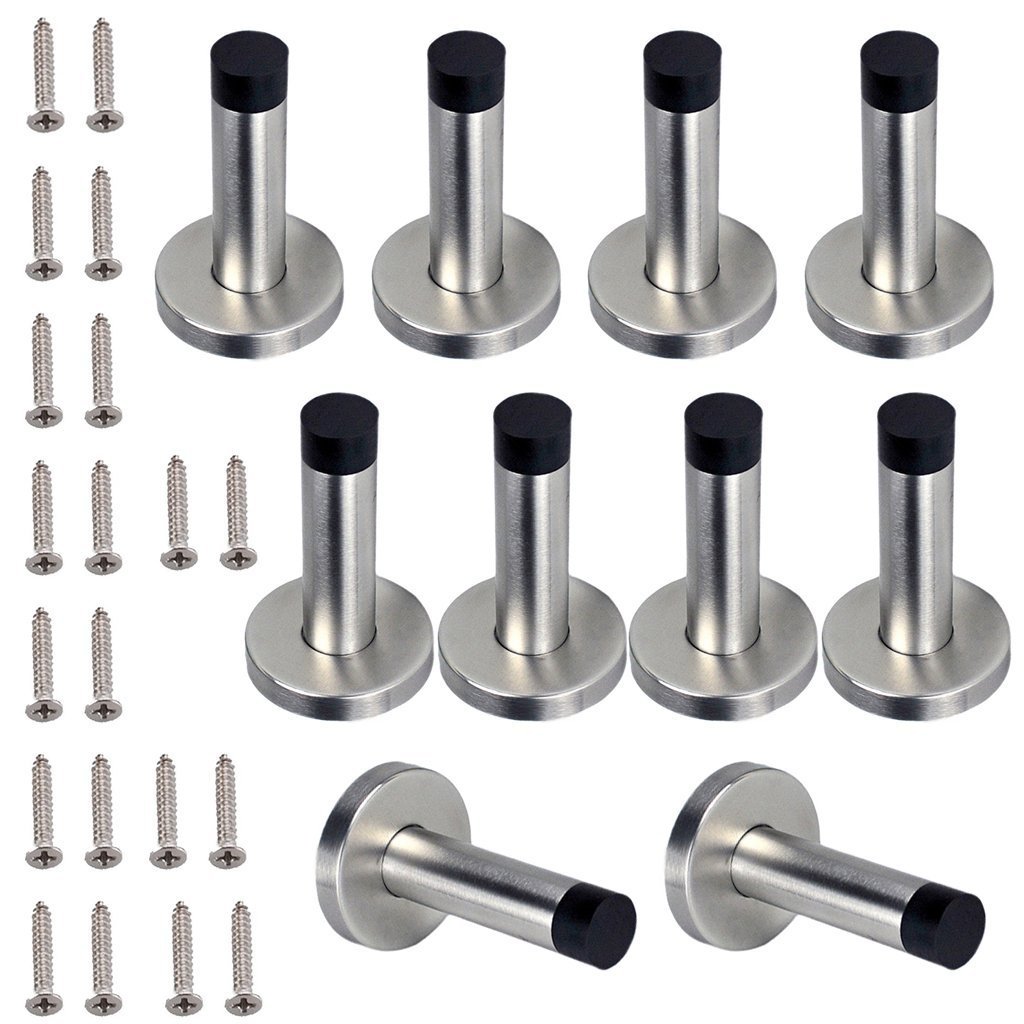 Sumnacon Stainless Steel Door Stopper with Sound Dampening Rubber Bumper - 10 pcs Wall Mount Door Stop, Contemporary Safety Door Holder with Hardware Screws, Brushed Finish, 3.5 Inch in Height
